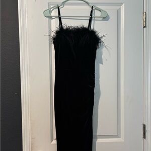 Black Velvet Prom Dress With Feather Trim